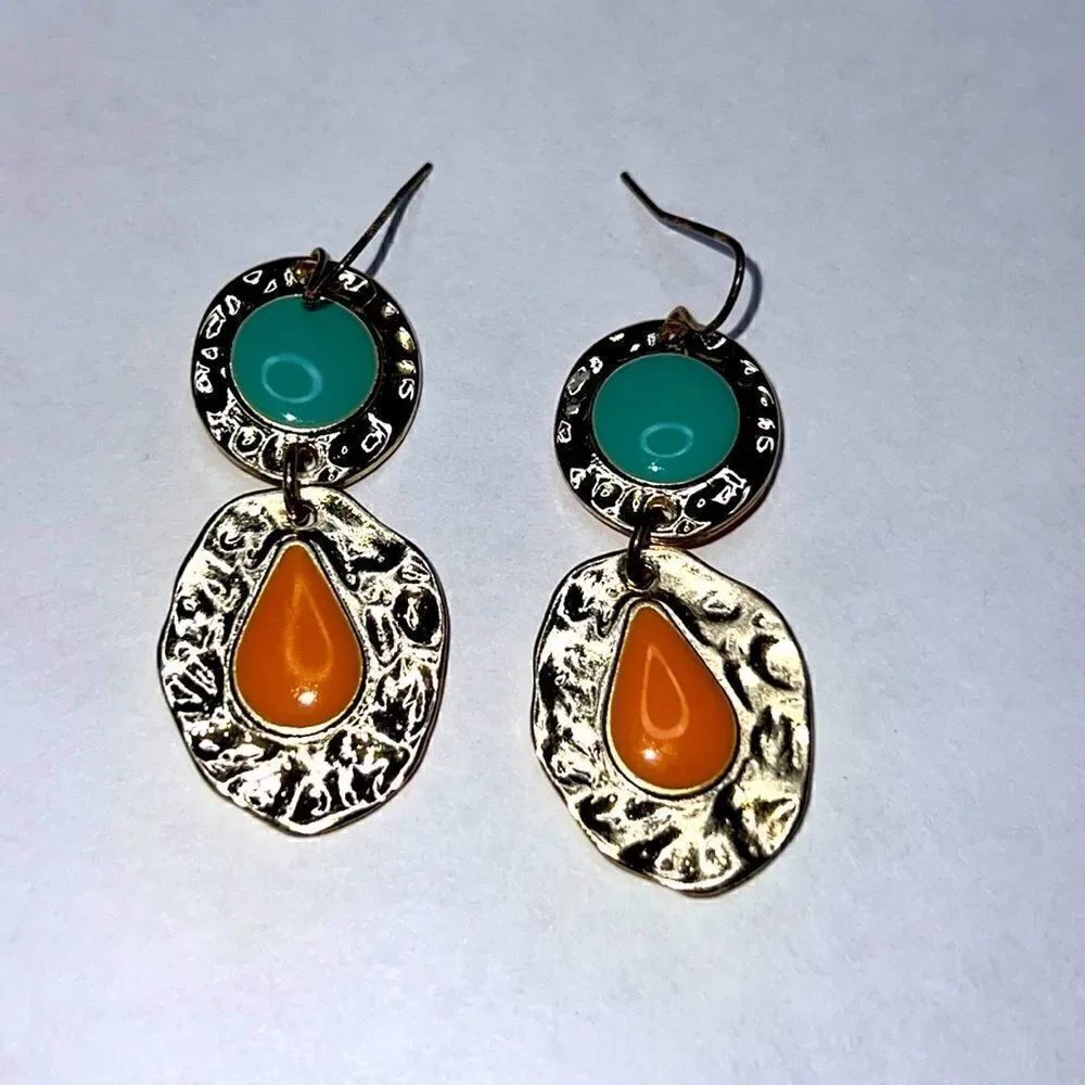 Gold Tone Dangly Earrings With Turquoise & Orange